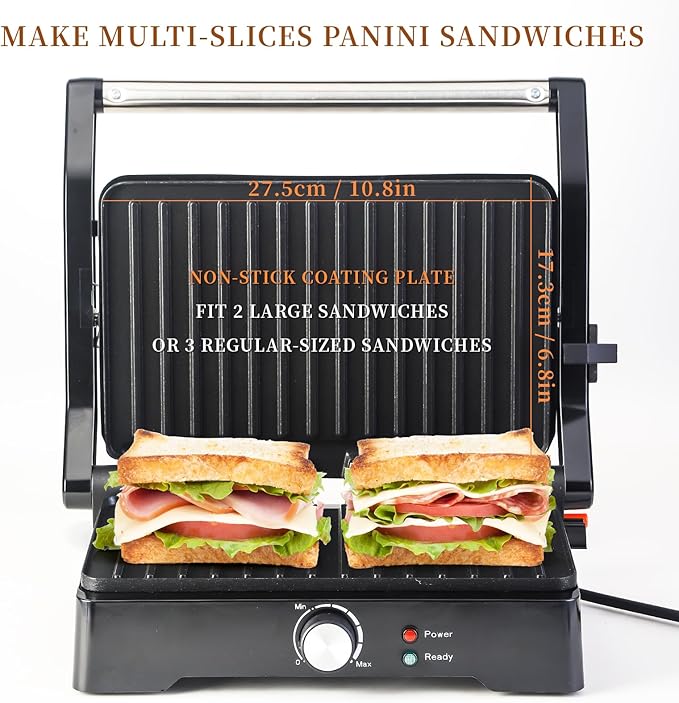 Panini Press Grill Sandwich Maker, Large Electric 3 in 1 Panini Sandwich Maker Grill, Open 180 Degrees for Grill Indoor, Perfect for Grilling Steaks, Burger, Sandwich,Non-stick Pan, Black