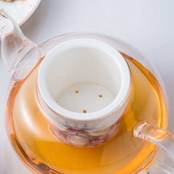 Jusalpha Fine China Rainbow Galaxy Series Glass Tea Pot with Infuser-Teapot Warmer Teacup and Saucer Set with Spoon in Gift Box- 16 pcs in 1 set, (FD Glass pot set 08)
