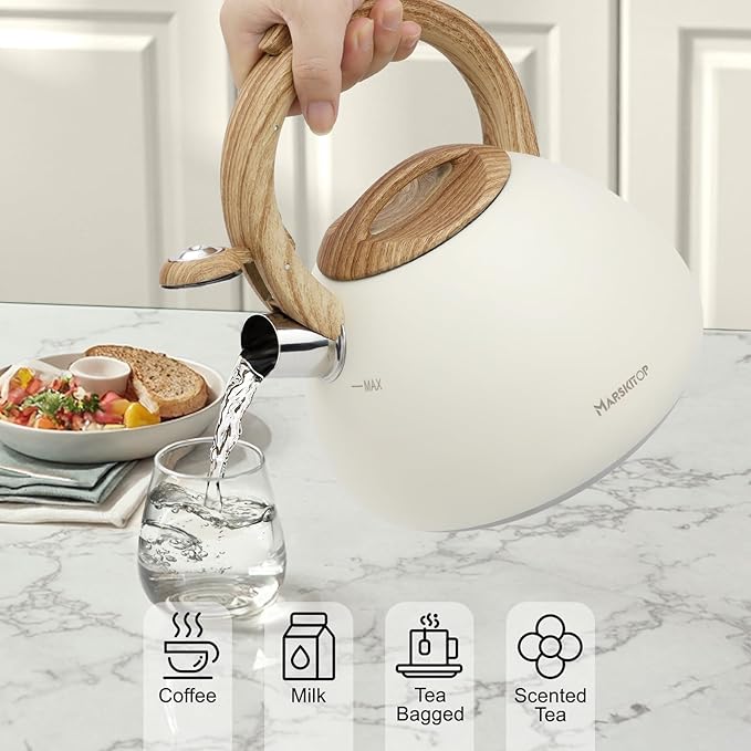 MARSKITOP Tea Kettle Tea Pot for Stove, 2.6 Quart Loud Whistling Teapot for Stovetop, Food Grade Stainless Steel Water Kettle Stovetop with Anti-Hot Handle, Cream White