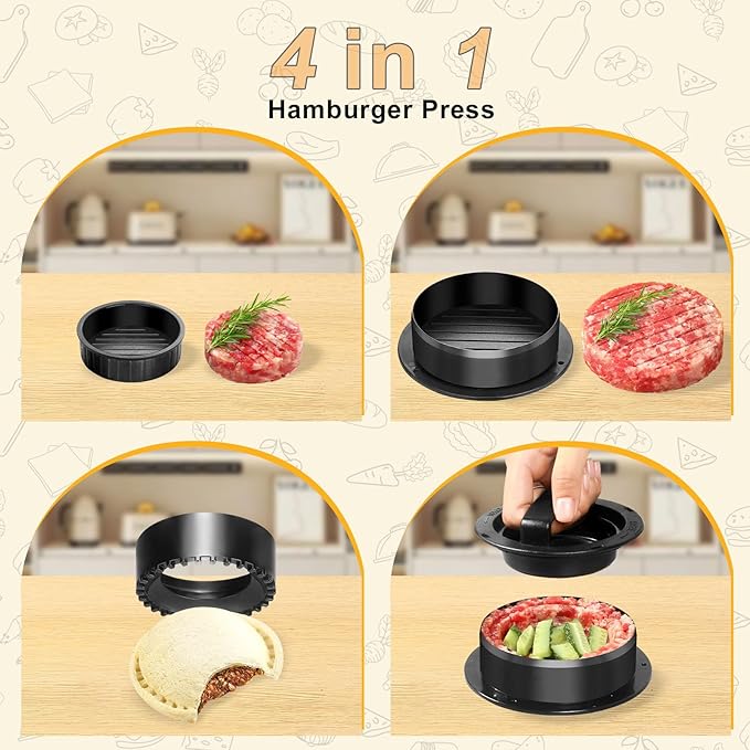 Hamburger Patty Maker, 4-in-1 Burger Press Patty Maker Slider, Stuffed Burgers & Sandwiches Cutter, Hamburger Patty Maker for Home Cooks and Burger Lovers with 100 pcs Wax Disc Papers