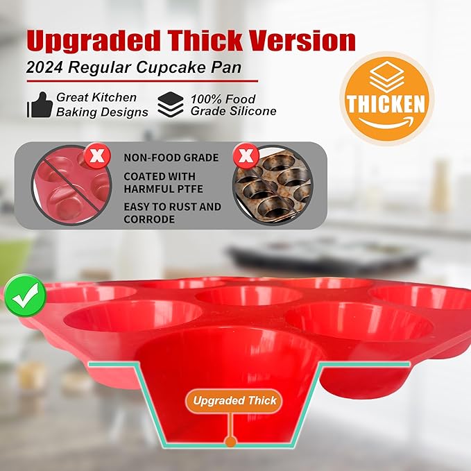 12 Cup Regular Silicone Cupcake Pan - Non Stick, Thickened