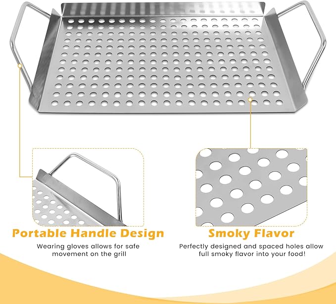 11 x 7 Inch Nonstick Grill Tray with Handles,Perforated Stainless Steel Grill Pans for Outdoor Grill,Heavy Duty Grilling Accessories for Charcoal/Gas Grills,Easy to Use and Clean