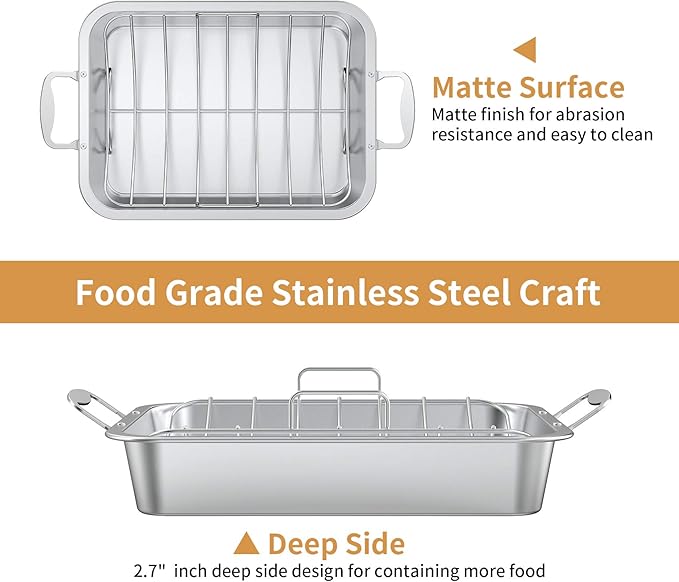 Skyflame Roasting Pan with Rack for Turkey, Stainless Steel Silver Rectangular Barbecue Bakeware Roaster Pan with Nonstick U-Rack for Indoor/Outdoor Oven Cooking
