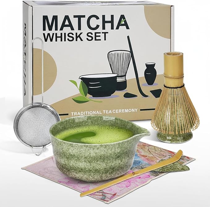 Matcha Whisk Set of 7 | Green Ceramic Matcha Tea Set – Matcha Bowl with Spout, Bamboo Whisk & Holder, Scoop & Rest, Sifter, Tea Towel – Japanese Tea Ceremony Starter Gift Set