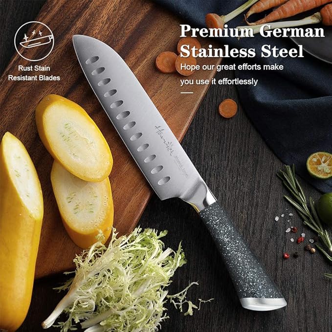 Harriet 13-Piece Knife Block Set with Sharpener | German Stainless Steel, Rustproof & Non-Stick | Includes Chef, Santoku, Bread & Steak Knives | Marble Finish Block