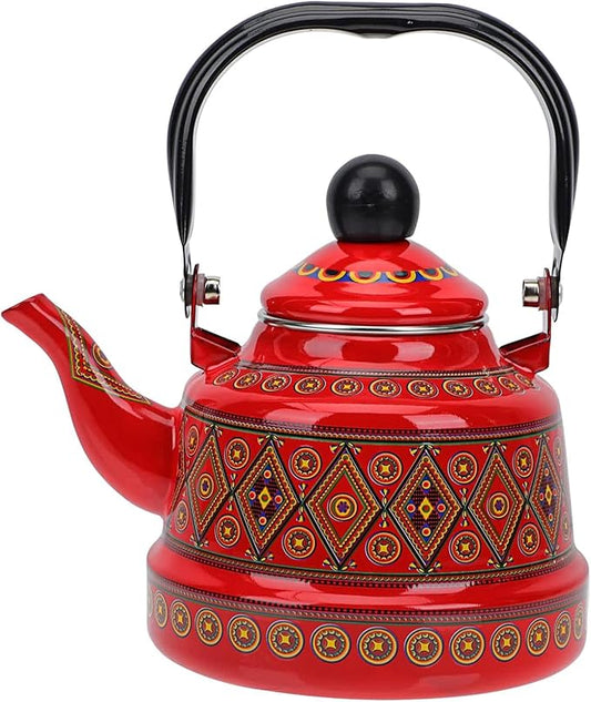 1.1L Arab style Vintage Tea Kettle,Enamel Tea Kettle with Handle,Enameled Teapot Stovetop,Hot Water Kettle for Home Kitchen Decor, No Whistling (Red)