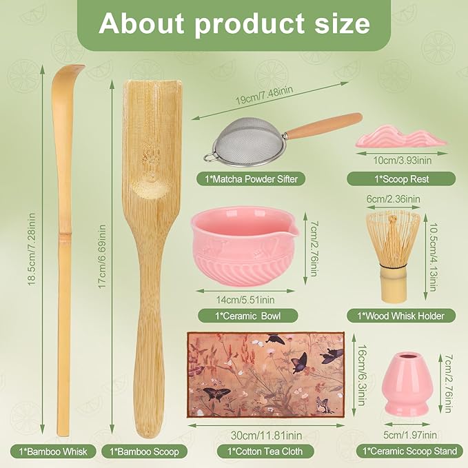Pink Matcha Whisk Set, 8 Pcs Ceramic Matchas Set Includes Bowl, Whisk and Holder, Scoops, Bamboo Scoop, Scoop Rest, Sifter and Tea Towel, Kit for Matcha-Lovers