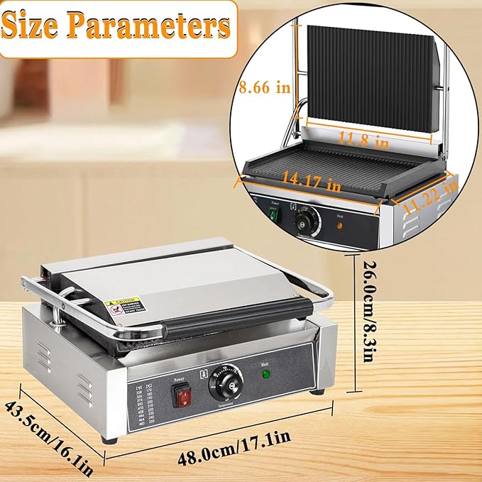 CTJ Commercial Panini Press Stainless Steel Electric Sandwich Panini Maker 2200W Countertop Panini Grill Press with Grooved Top & Temp Control for Sandwich Hamburger Steak Bacon