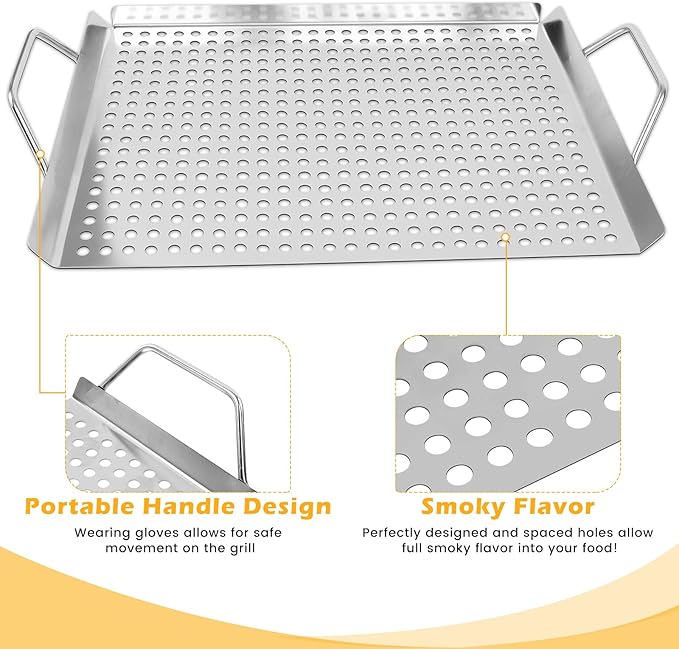11 x 14 Inch Nonstick Grill Tray with Handles,Perforated Stainless Steel Grill Pans for Outdoor Grill,Heavy Duty Grilling Accessories for Charcoal/Gas Grills,Easy to Use and Clean (11 * 14)