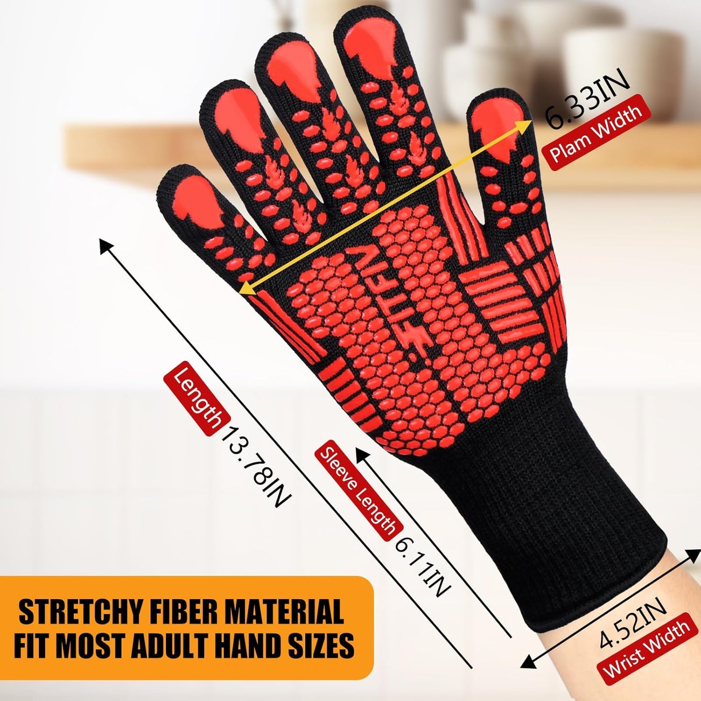 BBQ Gloves, Oven Gloves, 1472°F Extreme Heat Resistant Barbecue Gloves, Silicone Non-Slip Oven Mitts, Kitchen for Cooking, Grilling, and Baking (Red)