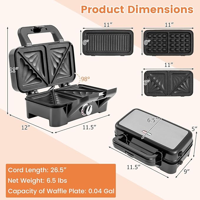 BECOMFORT 3 in 1 Waffle Maker, Sandwich Press w/3 Removable Non-stick Plates, Indicator Lights, Cool Touch Handle, Sandwich Maker & Panini Press w/5-gear Temperature Control for Breakfast Steak