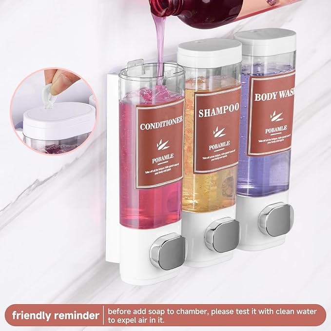 Shampoo and Conditioner Dispenser Wall Mounted Shower Soap Dispenser No Drill Shampoo Dispenser for Shower 3 Chamber Bathroom Body Wash Shower Gel Holder White