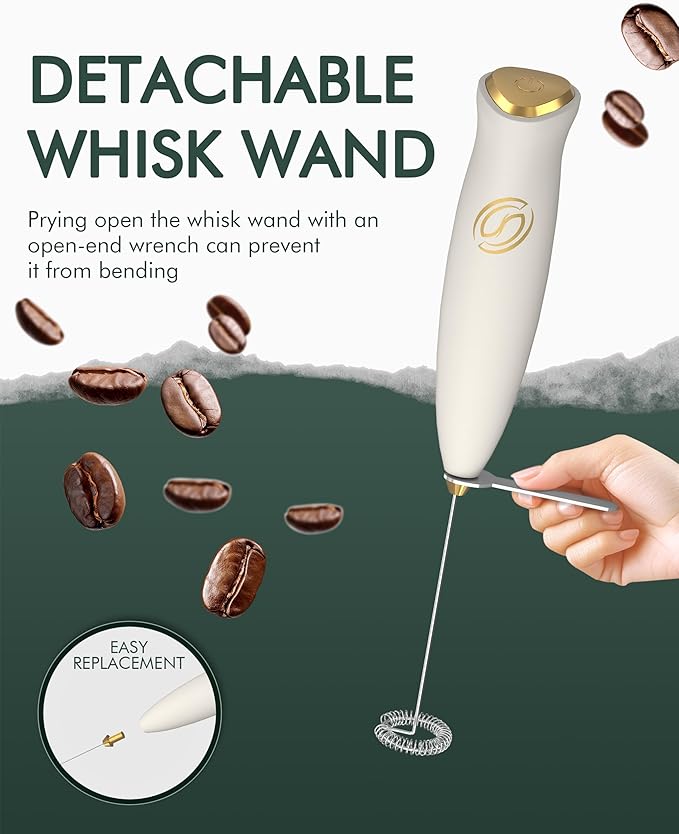 Milk Frother Wand Coffee Frother Handheld Drink Mixer Handheld with 2 Whisks Electric Whisk Stirrers Electric Milk Frother for Coffee Mixer Wand Milk Foamer-White/Gold