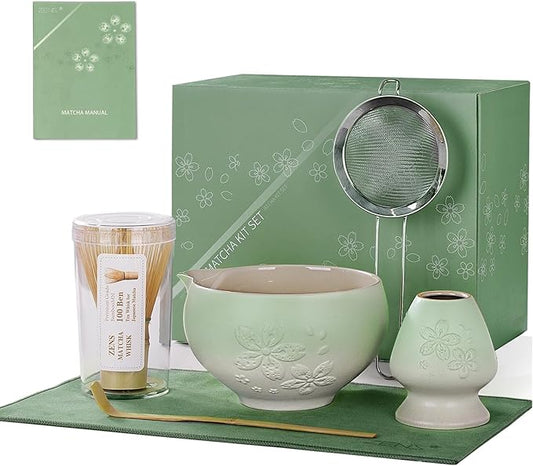 ZENS Matcha Whisk Set, Ceramic Matcha Tea Set with 15oz Sakura Bowl and Bamboo Whisk & Scoop, (Chasen Holder), Stainless Sifter-Tea Towel, 6pcs Matcha Kit for Matcha Lovers, Green