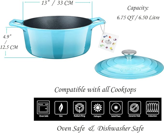 La Cuisine Enameled Cast Iron Oval Dutch Oven Casserole Pot with Lid, 6.75 QT Internal Matte Black Enamel for bread baking, 2-ton Teal Enamel Coating Finish Exterior, Oven Safe up to 500° F
