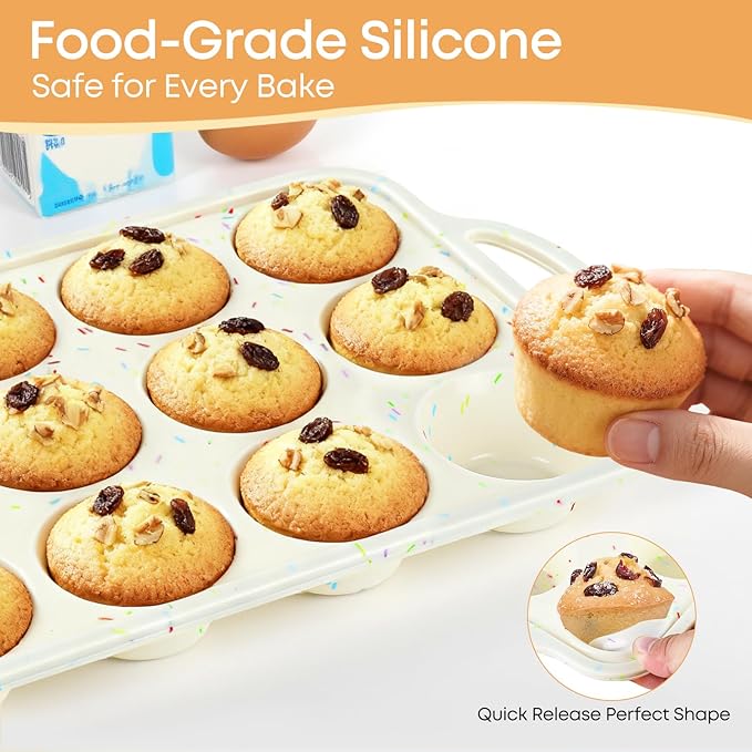 12-Cup Silicone Cupcake Pan, Nonstick Muffin Pan, Dishwasher Safe Muffin Tray with Handles, Food Grade Silicone Muffin Tin for Baking Egg Bites & Cupcakes