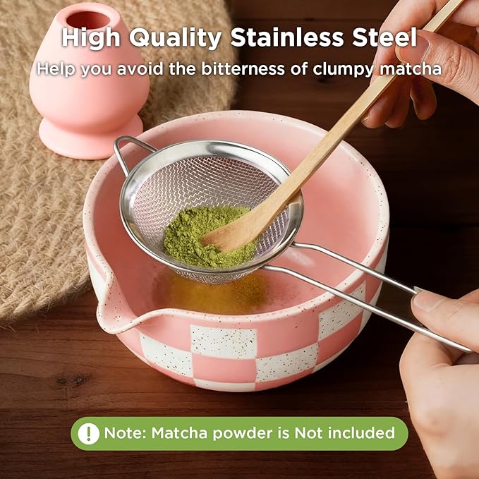 Matcha Whisk Set Gift Box - Pink Matcha Set with Whisk and Bowl, 7 Pcs Matcha Kit Includes Ceramic Matcha Bowl, Bamboo Whisk & Holder, Scoop & Rest, Sifter and Tea Towel, Complete Matcha Making Kit