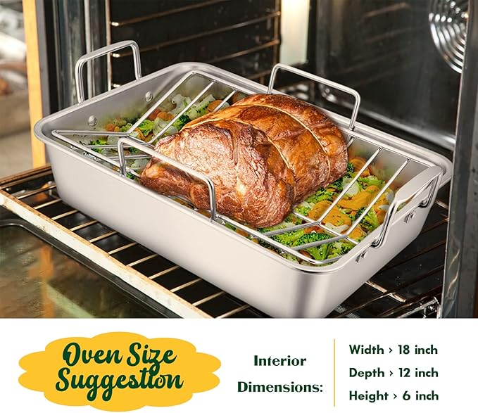 E-far Roasting Pan, 16 x 11.5 Inch Stainless Steel Turkey Roaster with V-shaped & Flat Rack, Non-toxic & Heavy Duty Deep Broiling Pan, Dishwasher Safe - Large