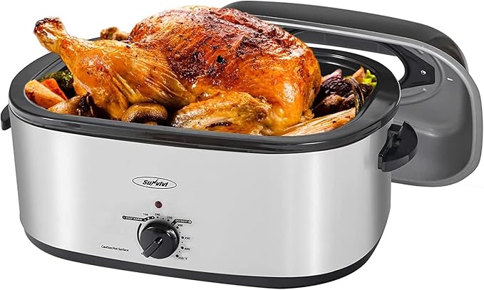 Roaster Oven, Electric Roaster Oven with Viewing Lid, Large Roaster with Removable Pan & Rack, Turkey Roaster with Unique Defrost/Warm Function, Stainless Steel, Sliver, 26QT