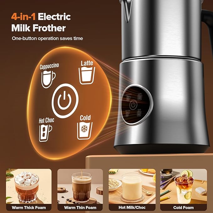 Milk Frother and Steamer, Large Capacity Detachable Electric Milk Frother, Automatic Warm and Cold Foam Maker, Stainless Steel Jug, BPA Free