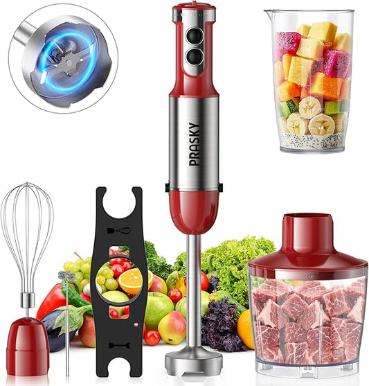 Immersion Blender Handheld Hand Blenders, 20 Speed & Turbo Mode Hand Held Blender, Heaviest Duty Copper Motor, Stainless Steel Blades, Milk Frother Wand, Whisk, 600ml Beaker, 500ml Chopper (Red)