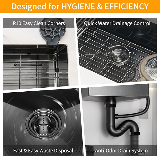 33 Inchs Undermount Kitchen Sink,33 x 19 x 9 Inch Black-Grey Single Bowl Sinks,16 Gauge Stainless Steel Nano Black Sinks with Accessories for Workstation, Prep Kitchen, Bar Sink Drop-in