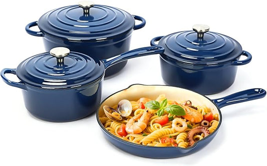 Ceramic Coated Cast Iron Cookware Set, 9-Piece Enameled Dutch Oven and Skillet Set with Lids, Nonstick Pots and Pans Set for Bread Baking, Oven Safe, Induction Compatible, PFAS-Free (Navy Blue)