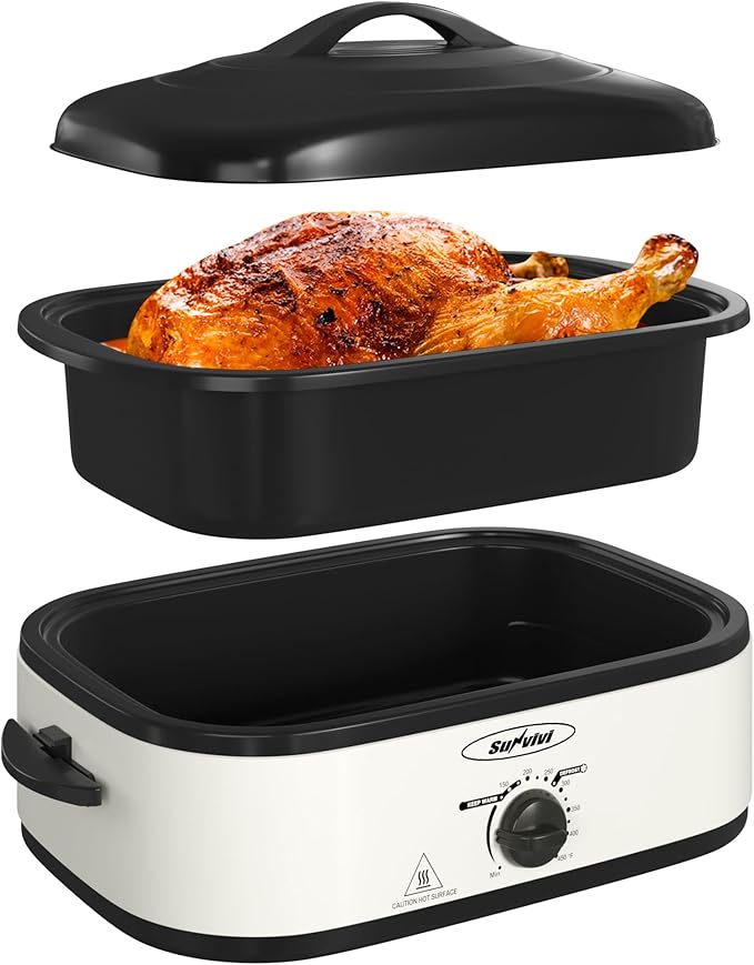 Electric Roaster Oven with Self-Basting Lid, Turkey Roaster Oven with Removable Pan and Rack, Stainless Steel, White, 14QT