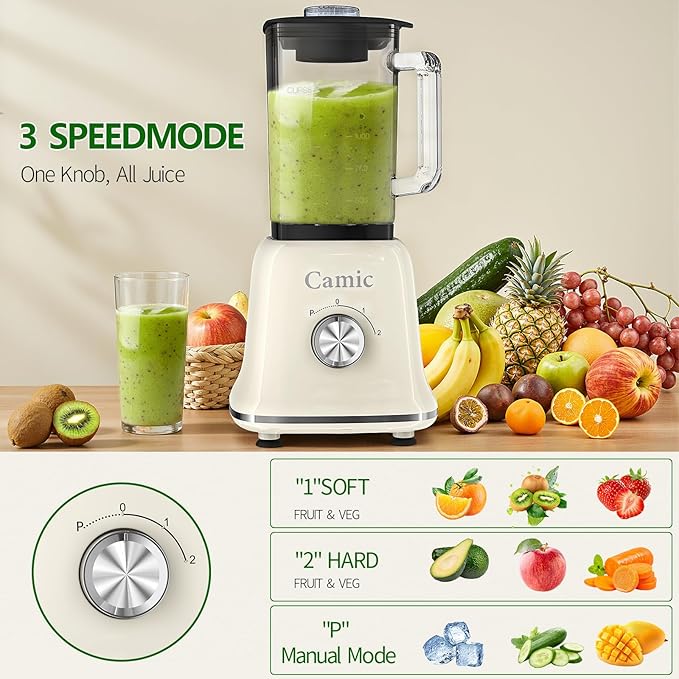 Camic 750W Professional Blender,6-Cup Glass Jar Blender for Smoothies and Shakes with 6 Sharp Stainless Steel Blades,Ice Crush Function,for Juice,Puree, Soup(White)