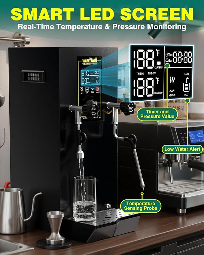 WantJoin Commercial Milk Frother & Beverage Heater - 1800W Multi-functional Milk Steamer Machine with LED Display Panel for Latte, Cappuccino, Coffee, Milk Tea Foam, Hot Water Dispenser - Hotel & Home