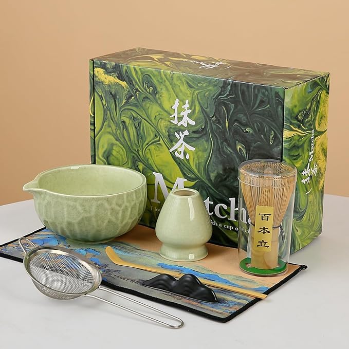 7-Piece Matcha Whisk Set, green Ceramic Matcha Bowl with Unique Diamond Design, Bamboo Whisk, Scoop, Sifter & Tea Towel - Complete Matcha Kit for Tea Lovers (Pink Gift Box) (green)