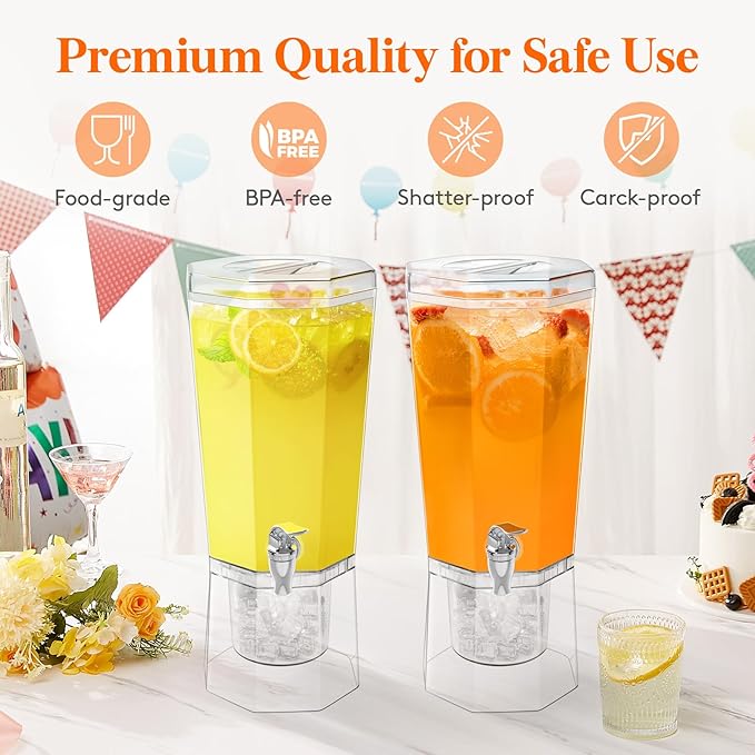Lifewit 1 Gallon Plastic Drink Dispenser 3 Pcs (in 1 Package), Juice Containers with Lid for Party, Ice Beverage Dispenser with Stand for Lemonade/Soda/Tea, BPA Free