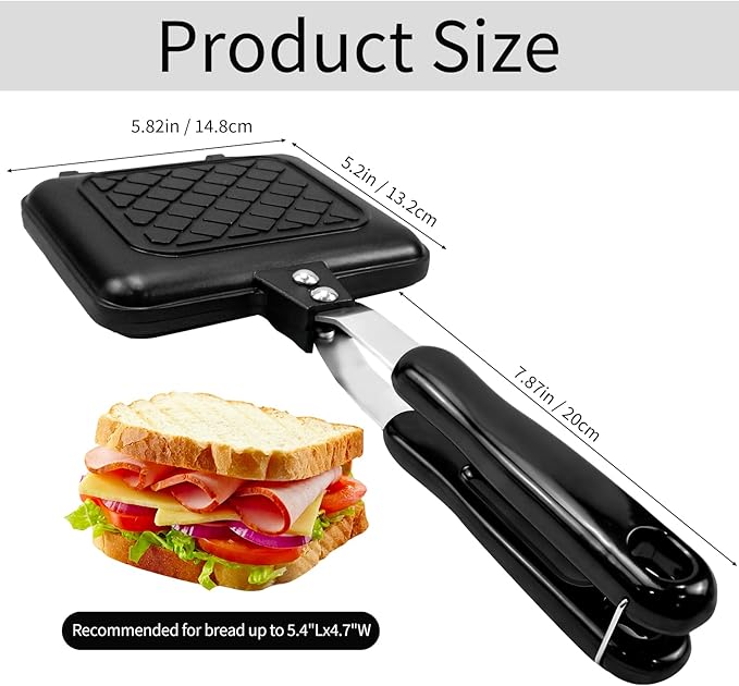 Sandwich Maker, Nonstick Panini Maker Pan Grilled Stove Top Toasted Pan, Double Sided Cheese Press with Handle for Breakfast, Camping, Home, Kitchen