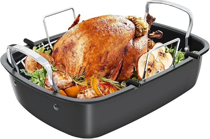Roasting Pan, 17 Inch x 13 Inch Roaster with Removable Rack, Nonstick Roaster Pan for Roasting Turkey, Meat & Vegetables (Silver)