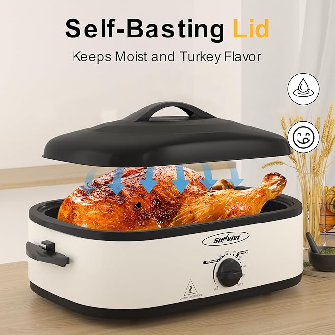 Electric Roaster Oven with Self-Basting Lid, Turkey Roaster Oven with Removable Pan and Rack, Stainless Steel, White, 14QT
