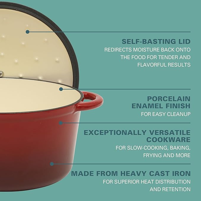 Gibson Home Addlestone 7 Qt Enameled Cast Iron Dutch Oven Pot with Lid – Round, Oven Safe to 500°F, Ideal for Bread Baking & Stews - Gradient Red