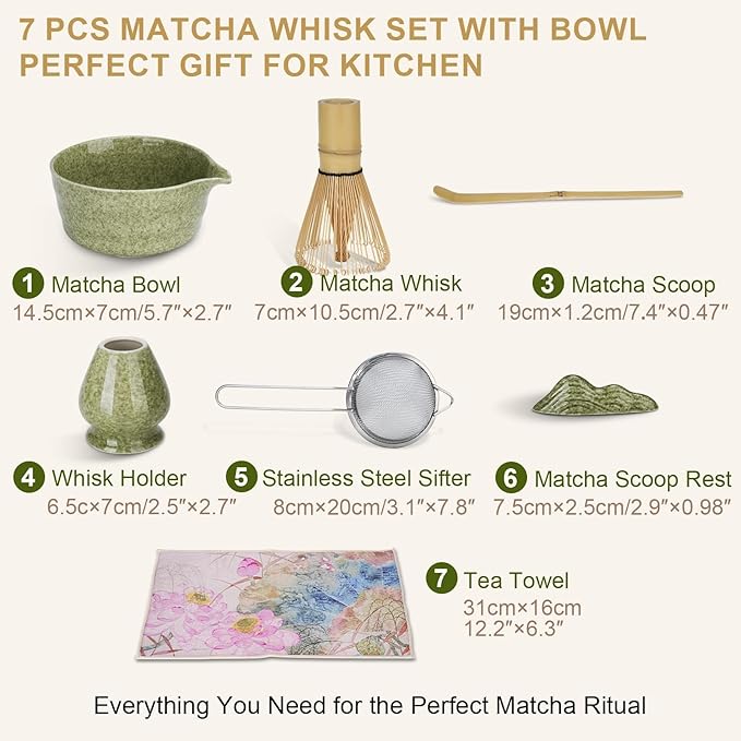 Matcha Whisk Set of 7 | Green Ceramic Matcha Tea Set – Matcha Bowl with Spout, Bamboo Whisk & Holder, Scoop & Rest, Sifter, Tea Towel – Japanese Tea Ceremony Starter Gift Set