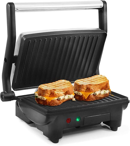 Elite Gourmet EPN-2976 2-in-1 Nonstick Panini Press & Indoor Grill, Opens 180-Degree Gourmet Sandwich Maker, Floating Hinge Fits All Foods, Contact Grill with Removable Grease Tray, Stainless Steel