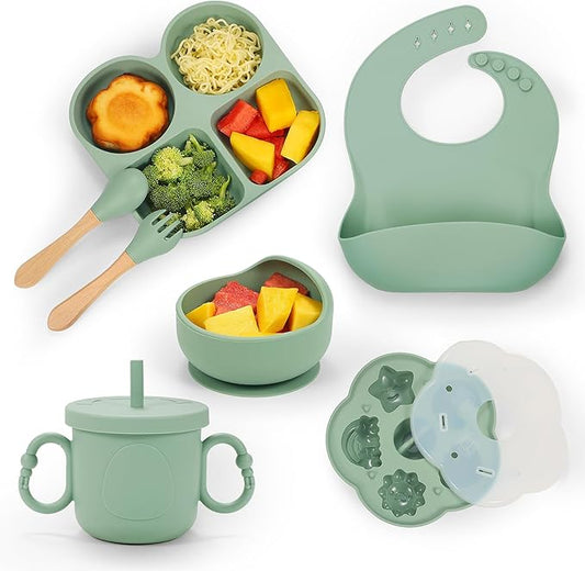 Silicone Baby Feeding Set, Baby Led Weaning Supplies, Baby Food Tableware Silicone Suction Plate, Bowl, Spoons, Fork, Waterproof Bib, Cup & Complementary Food Cake Mold, Baby Eating Utensils