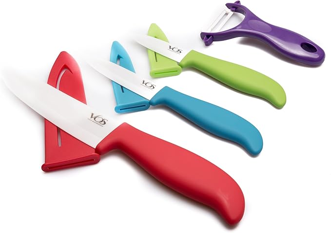 Vos Ceramic Knife Set with Peeler, Ceramic Knives Set For Kitchen, Ultra Sharp Kitchen Knife Set with Covers, 3" 4" 6" Paring, Utility & Chef Knife, Lightweight, Dishwasher safe (Multi-Color Handle)