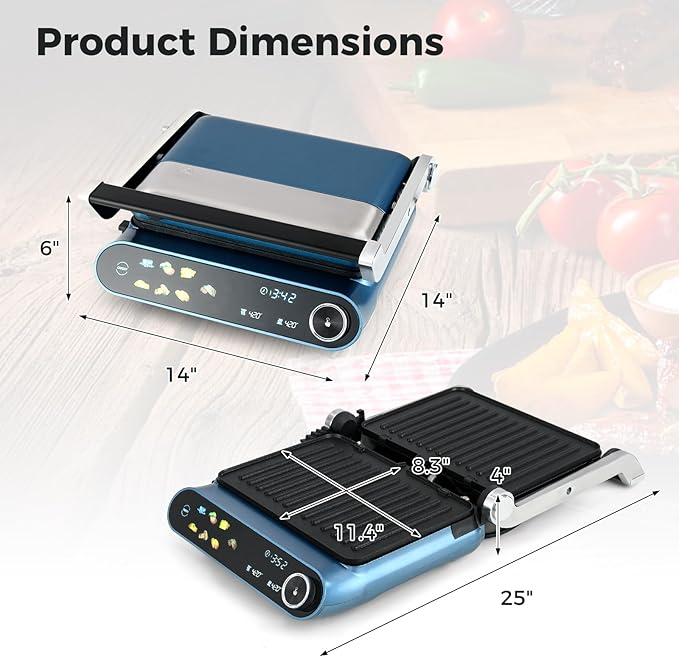 KOTEK Panini Grill Press Sandwich Maker, 3 In 1 Sandwich Press with Removable Non-Stick Plates & Drip Tray, Dishwasher Safe, 7 Cooking Modes, LED Touch Panel, Adjustable Temp, 1200W