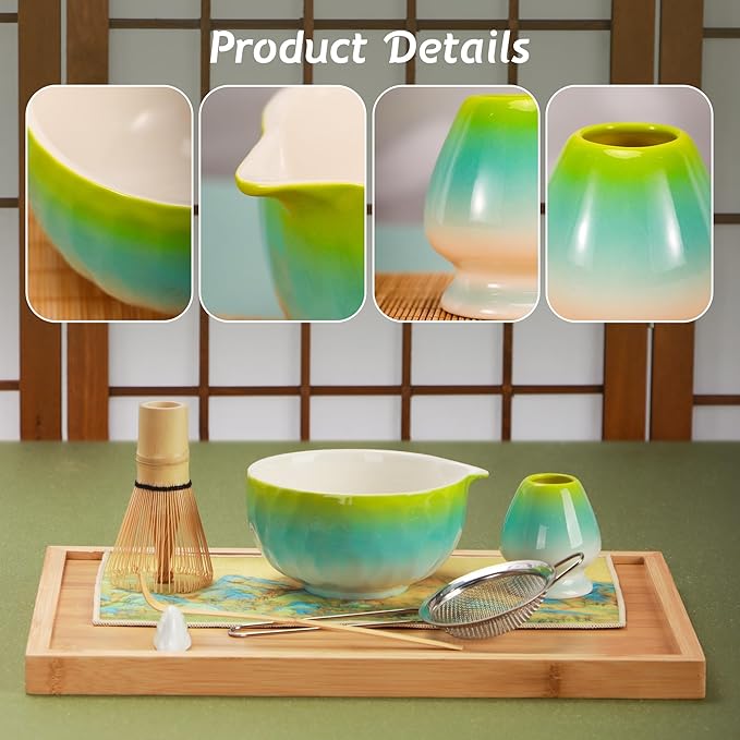 Matcha Tea Set 7 Pcs,Japanese Ceramic Bowl,Bamboo Matcha Whisk (Chasen), Scoop (Chashaku),Stainless Steel Sifter,Whisk Holder (yellow blue),Tea Towel