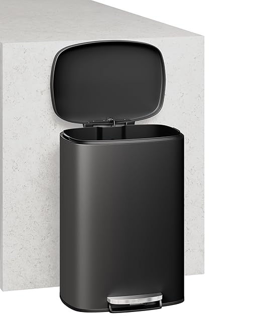 Garvee 13 gal / 50 L Metal Kitchen Trash Can with Lid, Large Rustproof Garbage Can for Kitchen, Step-on Trash Bin with Inner Bucket, Rear Handle, Soft Close Lid, Black