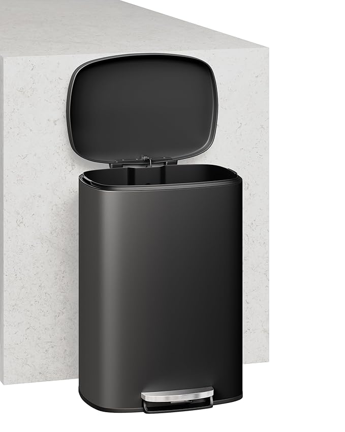 Garvee 13 gal (50 L) and 2.6 gal (10 L) Metal Trash Can Combo Set, Rustproof Garbage Can with Lid, Step-on Trash Bin with Inner Bucket, Rear Handle, Black