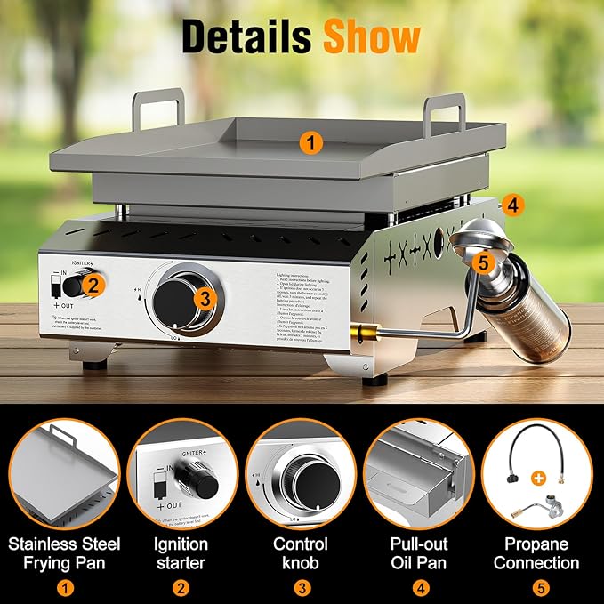 Stainless Steel Tabletop Grill,18 Inch Portable Propane Grill Griddle with Handle,8000 BTU Flat Top Grill for Camping, Outdoor & Tailgating Barbecue