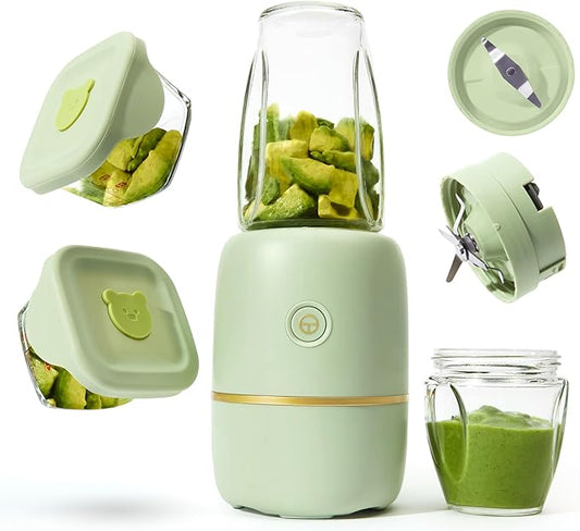 Bubble Blender, Baby Food Maker & Puree Blender with 2 Borosilicate Glass Cups, Compact Baby Bullet for Smoothies, Hands-Free One-Touch, 200W Motor, Sage