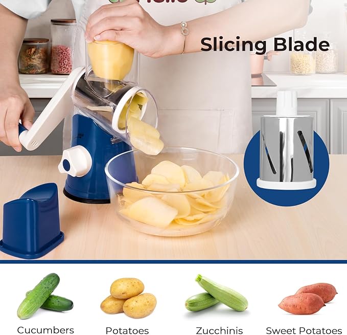 X Home Rotary Cheese Grater for Kitchen, Shredder with 3 Interchangeable Blades, Rotary Grater with Handle and Strong Suction Base, for Vegetables, Fruit, Nuts, Easy to Use and Clean, Dark Blue
