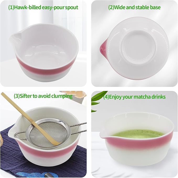Matcha Whisk Set,7-Pcs Matcha Making Kit with Matcha Bowl,Whisk,Chasen Holder, Sifter, Tea Towel,Measuring Spoon,Bamboo Scoop,Ceremony Matcha Set Lovers Gift(Pink)