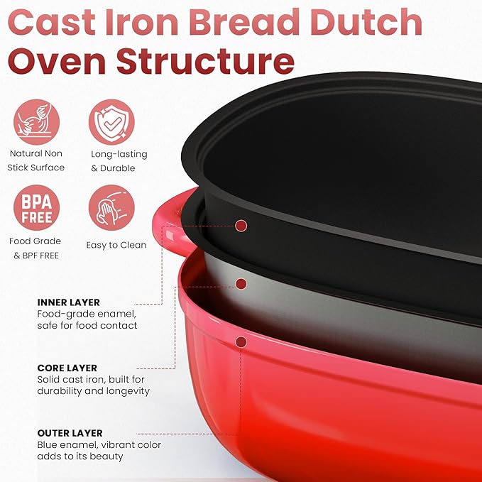 Cast Iron Dutch Bread Oven - 2.5QT Dutch Oven for Sourdough Bread Baking, Cast Iron Bread Loaf Pan with Lid, Easy Homemade Sourdough Dutch Oven, Blue Oval Bread Baking Pan, Gift for Family & Baker，Red