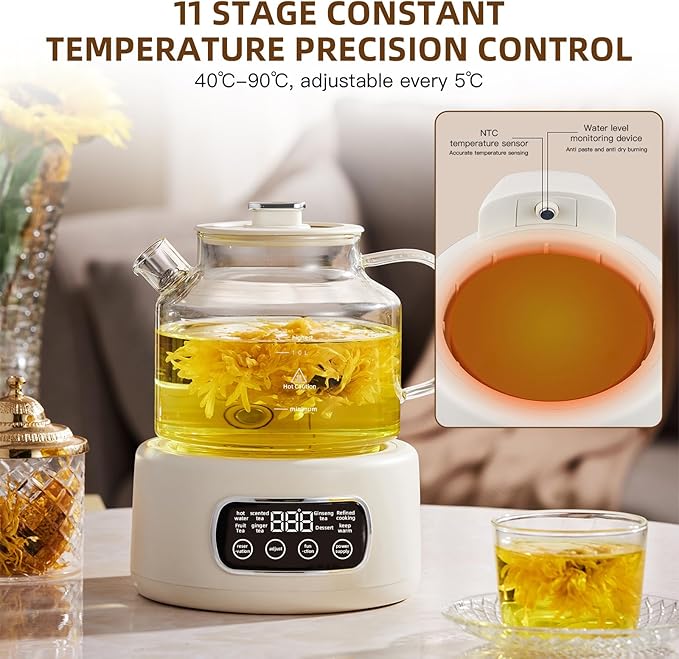 1.2-liter glass-bodied electric kettle, ideal for brewing coffee, preparing formula, and heating tea. Features adjustable temperature settings (Beige model).